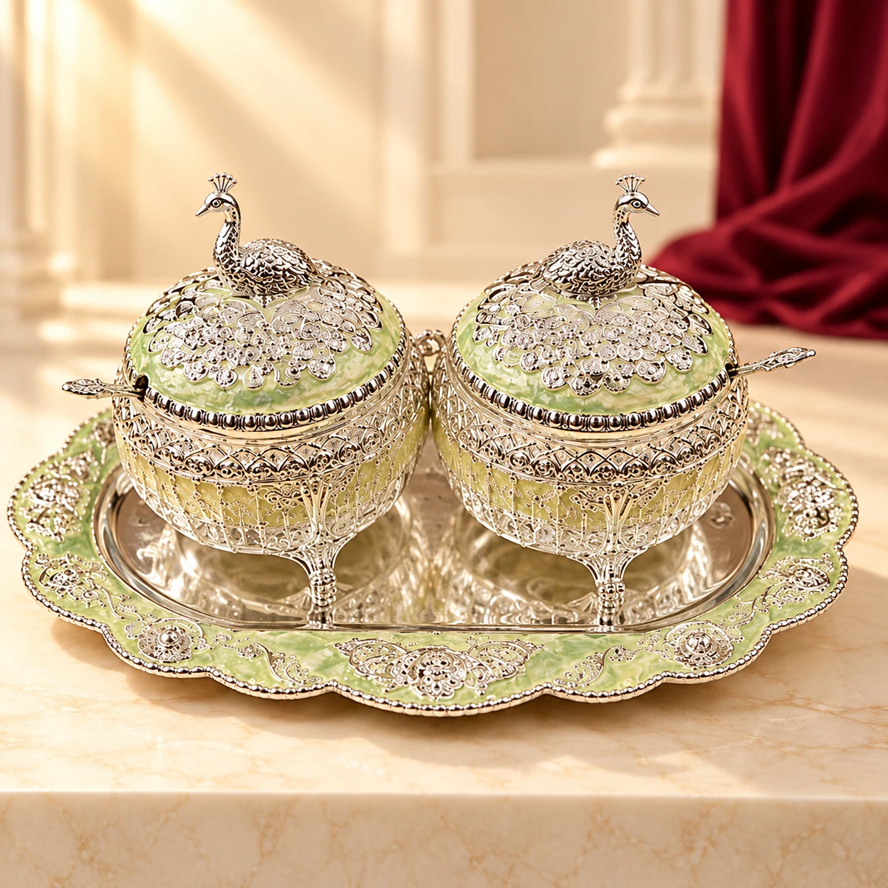 Peacock Jar & Tray Set