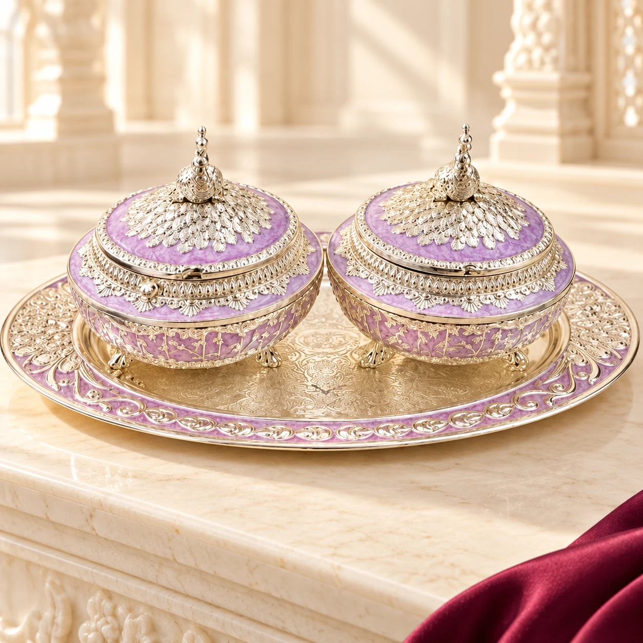 Lavender enamel peacock jars on a tray