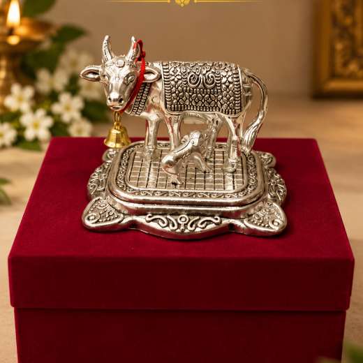 Kamdhenu cow and calf idol, styled with care
